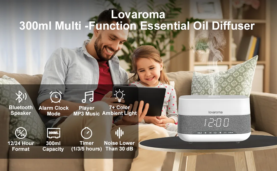 Lovaroma 300ml aroma diffuser humidifier diffuser with bluetooth speaker and alarm clock setting 7 types LED light colors 4 timers automatic waterless shutdown for bedrooms office - product information 1
