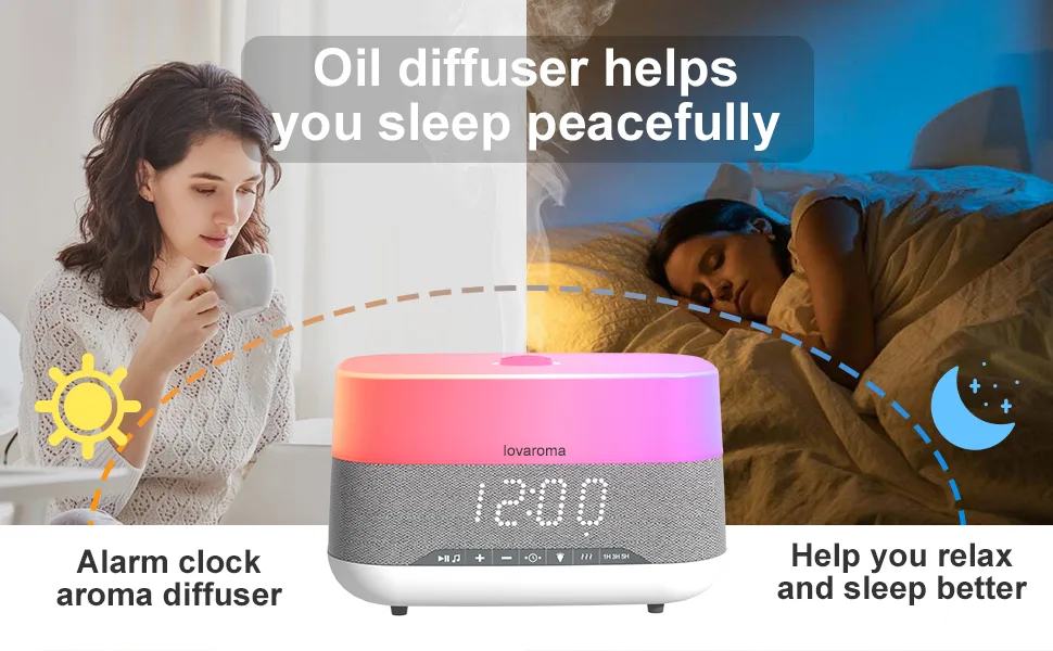 Lovaroma 300ml aroma diffuser humidifier diffuser with bluetooth speaker and alarm clock setting 7 types LED light colors 4 timers automatic waterless shutdown for bedrooms office - product information 2