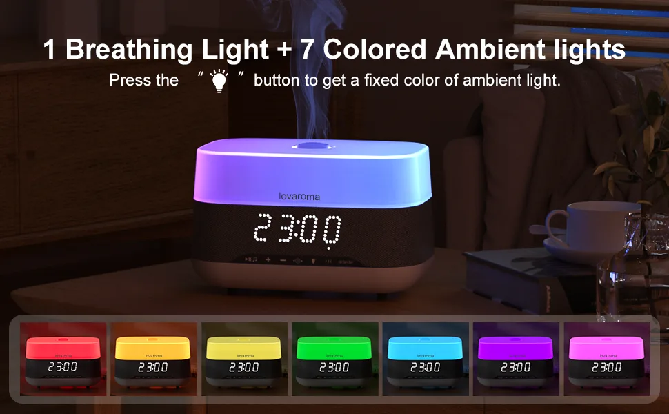 Lovaroma 300ml aroma diffuser humidifier diffuser with bluetooth speaker and alarm clock setting 7 types LED light colors 4 timers automatic waterless shutdown for bedrooms office - product information 3
