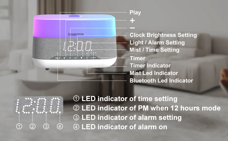 Lovaroma 300ml aroma diffuser humidifier diffuser with bluetooth speaker and alarm clock setting 7 types LED light colors 4 timers automatic waterless shutdown for bedrooms office - product information 4