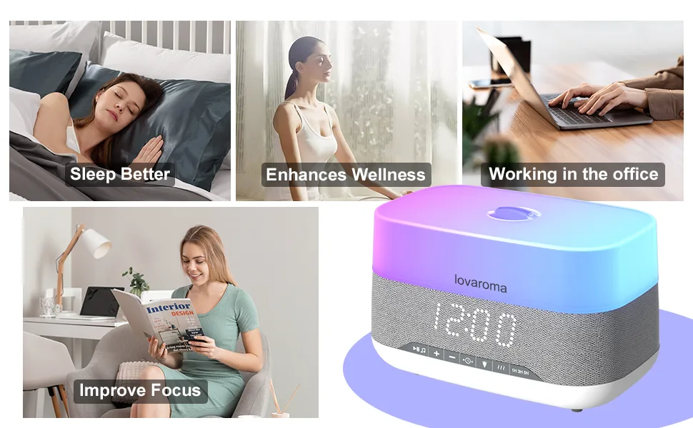 Lovaroma 300ml aroma diffuser humidifier diffuser with bluetooth speaker and alarm clock setting 7 types LED light colors 4 timers automatic waterless shutdown for bedrooms office - product information 5