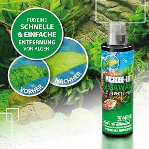 Microbe -Lift Algaway - 118 ml - algae shredders - fast & effective algae fighting for freshwater aquariums prevents new formation safe for fish and plants 118ml (4Oz) - Algaway Text Bild vorher nachher