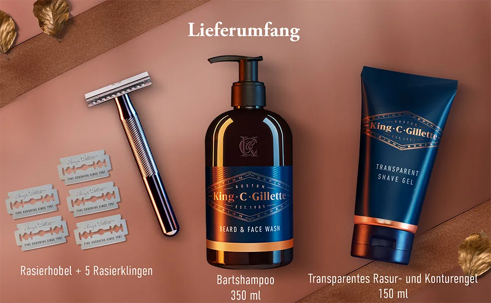 King C. Gillette gift set with razor plane men and beard care razor + 5 razor blades + shaving gel + beard shampoo shaving set gift men starter gift set - King C. Gillette Starter Kit
