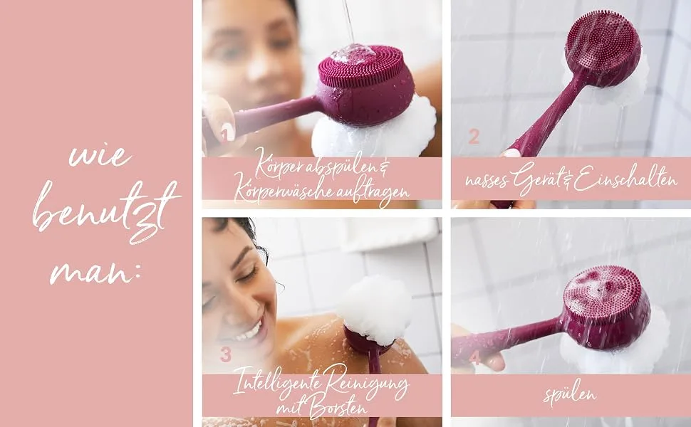 PMD Clean Body - Smart Body cleaning device with silicone brush & three interchangeable attachments - waterproof - SonicGlow Vibration - Cleanse peeling & massage body - navy - 4003-Blush-BTF-German-Premium_2