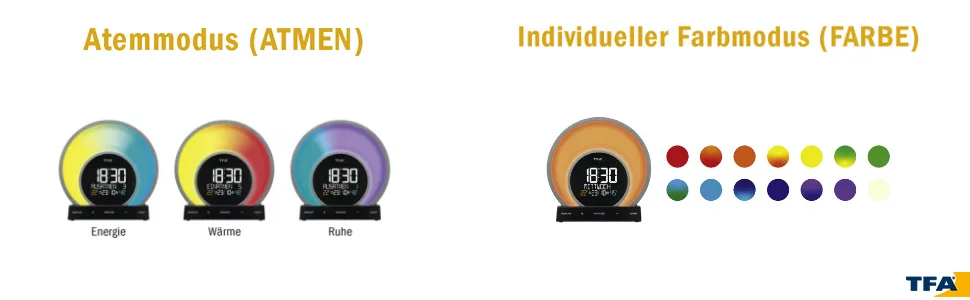 TFA Dostmann Lichtwecker Soluna 60.2026.01 sunset 5 light modes indoor climate control black (l) 170 x (b) 68 x (h) 175 mm plastic modern - Farbmodus und Atemmodus des Lichtweckers in verschiedenen Farben