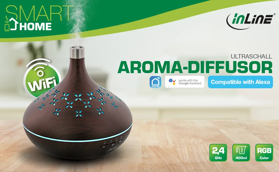 Inline SmartHome aroma diffuser for essential oils 400ml ultrasound humidifier room fragrance fresh air for bedrooms office ambience timer compatible with Alexa/Google Home 40154 - InLine SmartHome WiFi Ultraschall Aroma Diffusor
