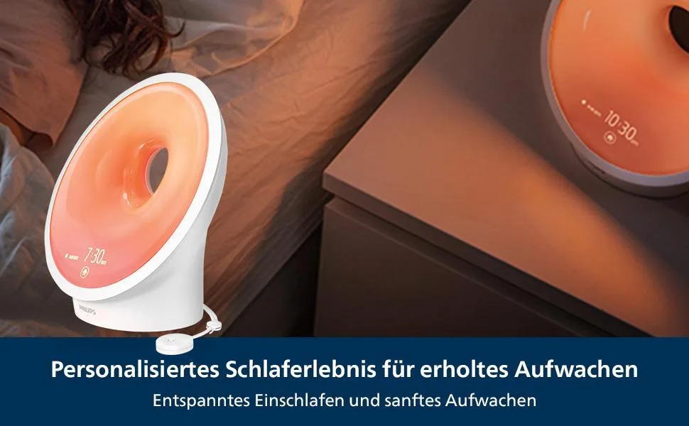 Philips Connected Sleep & Wake-Up Light Ambitrak environmental sensor select light tones and music midnight light relaxation and breathing function sleePmapper app WiFi (model HF3671/01) with connected functions single - product information 2