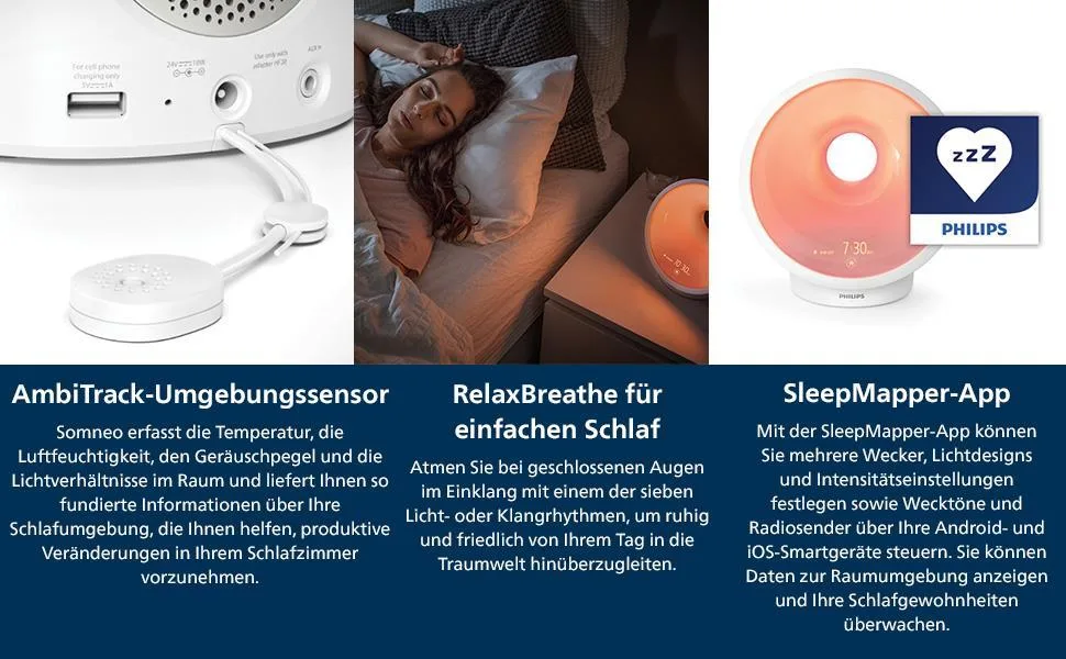 Philips Connected Sleep & Wake-Up Light Ambitrak environmental sensor select light tones and music midnight light relaxation and breathing function sleePmapper app WiFi (model HF3671/01) with connected functions single - product information 3