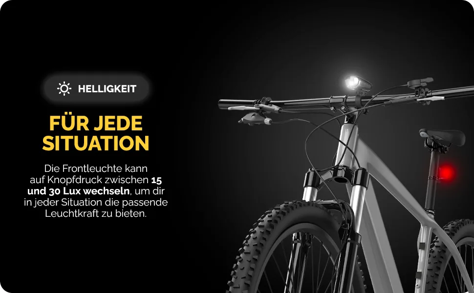 DANSI bicycle light set StVZO I LED bicycle light I wheel light bright front 30/15 Lux battery light set - Helligkeit