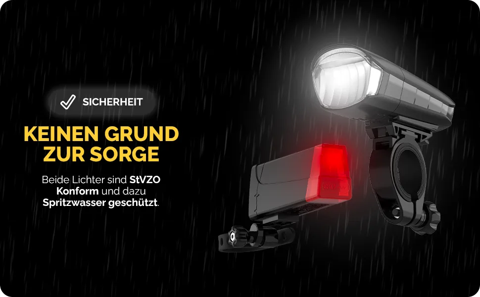 DANSI bicycle light set StVZO I LED bicycle light I wheel light bright front 30/15 Lux battery light set - Keinen Grund zur Sorge
