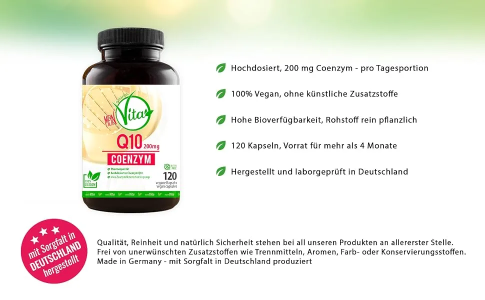 Coenzyme Q10 100% vegan extra high dose with 200mg per capsule - 120 capsules in a 4 month supply bioactive premium Q10 - highlights