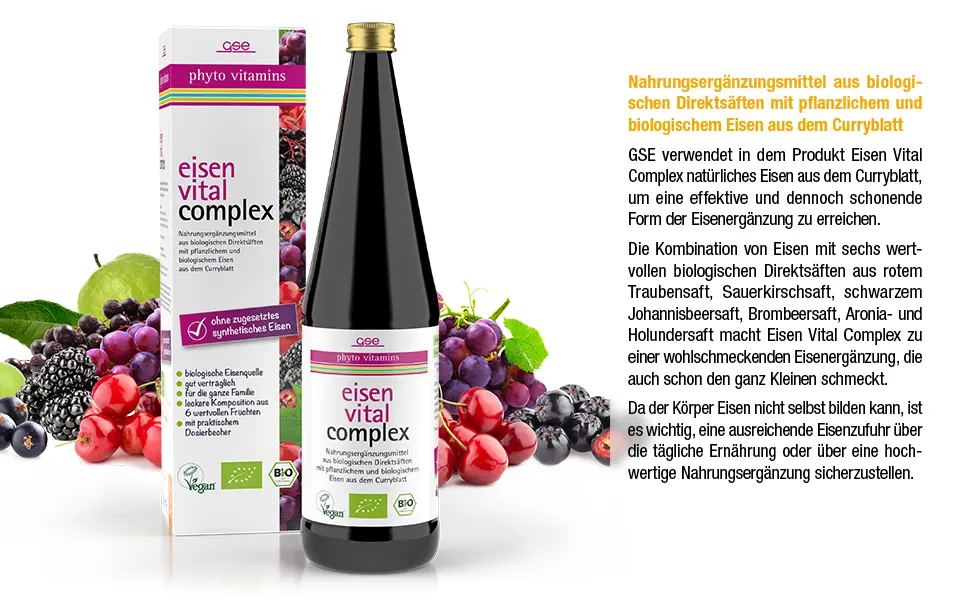 GSE iron vital complex direct juice with iron red grape sour cherry black currant blackberry aronia and elderberry juice without additives - eisen