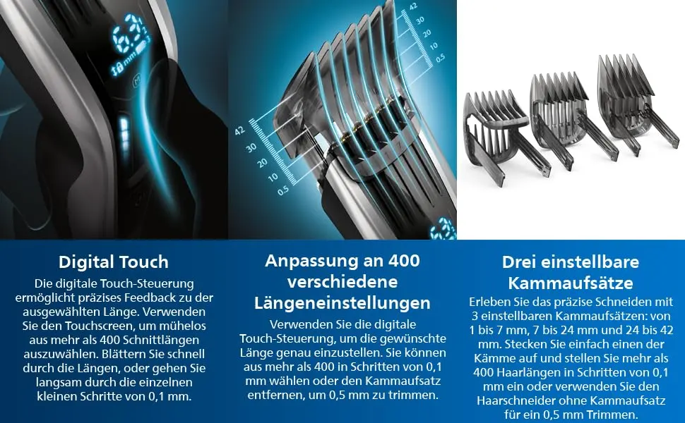 Philips Series 9000 Haschneider with 400 length settings durable Titanium blades & digital touch control (model HC9450/20) S9000 3 combs 2 ACC - product information 3