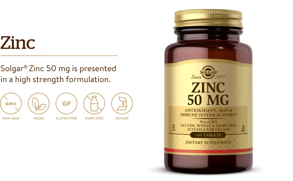 Solgar Zinc 50 mg 100 Tablets - Promote Nervous System Health And Support Energy Metabolism