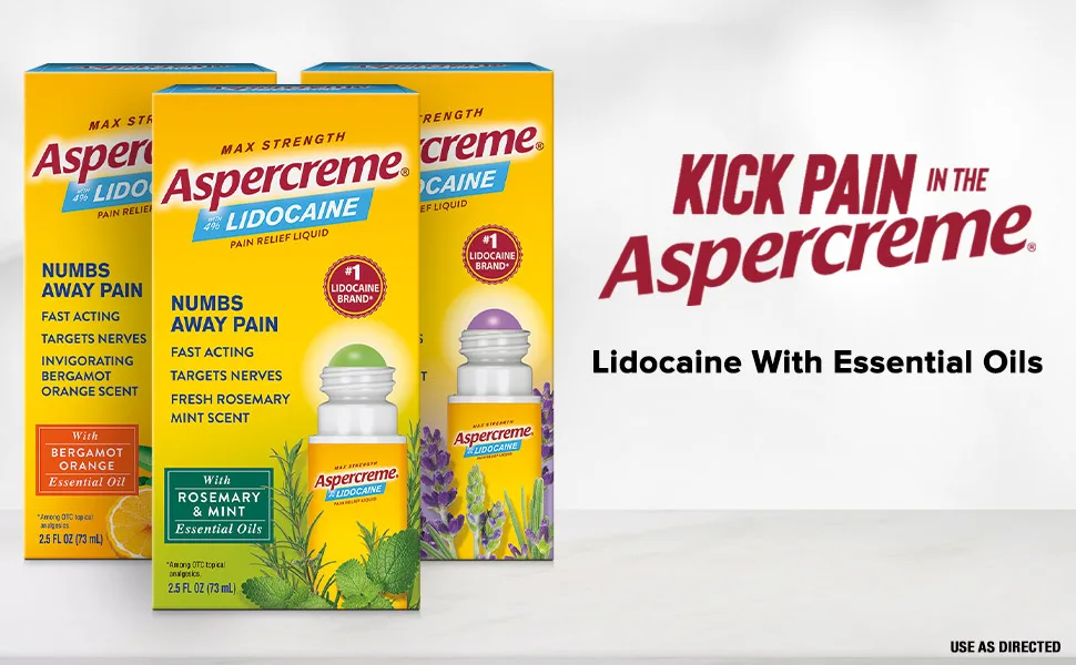 Aspercreme Max Strength Pain Relief Liquid With 4% Lidocaine Lavender Essential Oil 2.5 fl oz (73 ml) - essential oils for aches and pains