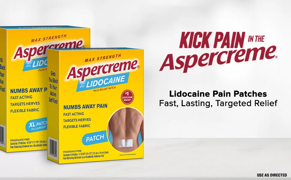 Aspercreme Pain Relief Patch with 4% Lidocaine Max Strength Fragrance-Free 5 Patches (10 cm x 14 cm) Each - Pain patches that work fast