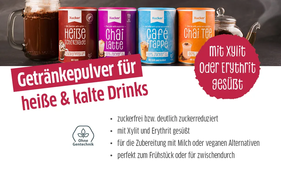 Xucker hot chocolate without sugar - delicious drinking chocolate with birch sugar I sugar -free chocolate for drinking i hot or cold edible i 800g single - Cafe Frappe Pulver Erythrit