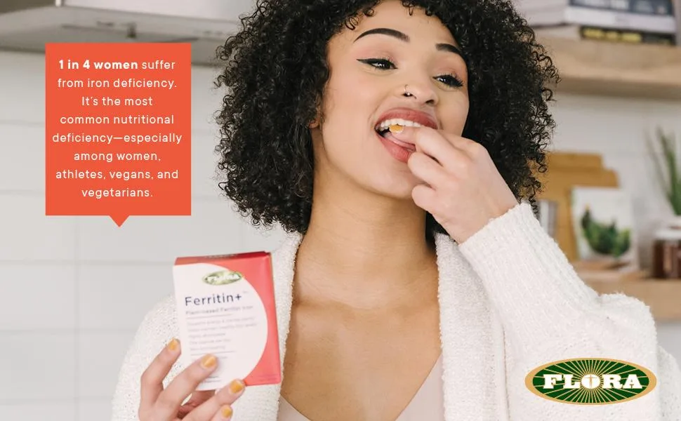Flora Ferritin+ Plant-Based Ferritin Iron 30 Delayed Release Vegan Capsules - Ferritin+, iron deficiency, vegetarian supplement