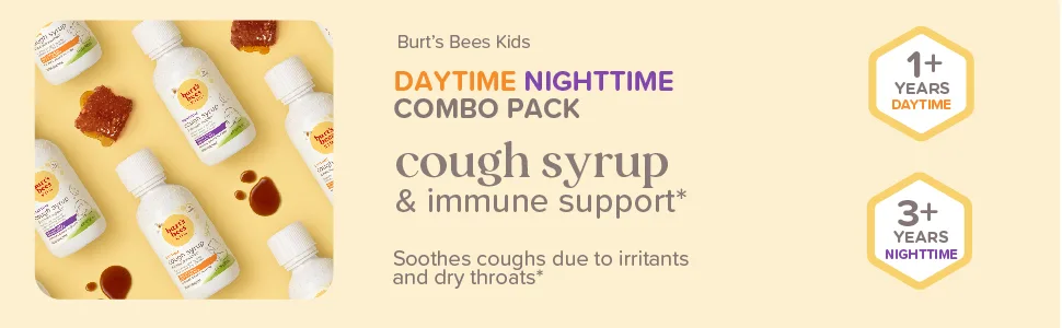 Burt's Bees Kids Daytime/Nighttime Cough Syrup & Immune Support Combo Pack Natural Grape 2 Pack 4 fl oz (118 ml) Each - DAYTIME NIGHTTIME COMBO PACK