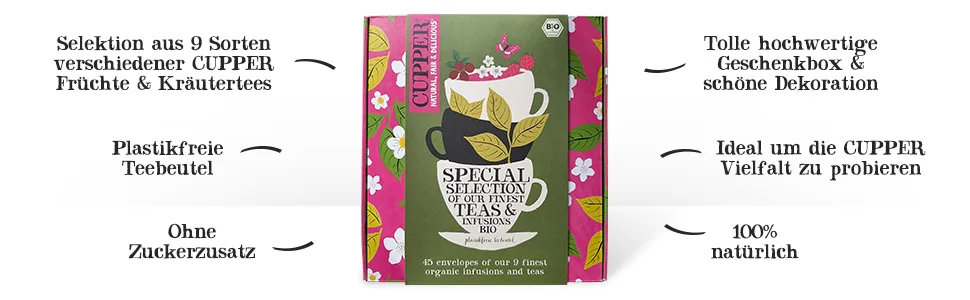 Cupper organic tea gift set tea set Easter gift Mother's Day selection box collection of selected organic teas (1 box 45 tea bags) - Auswahl von 9 Sorten Cupper Bio-Tee, Kräutertee, Früchtetee, Ideal zum Verschenken, Geschenkset