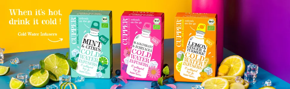 Cupper Bio Cold Water Infusers Mint & Citrus 10 unrevised tea bags environmentally friendly fairly traded (cold brew tea cold tea) mint - Cupper Bio-Tee Cold Water Infuser Wasser mit Geschmack Cold Brew Infused Water