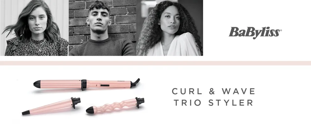 Babyliss curl and wave trio multi -style professional curling iron with 3 attachments for curls waves and beach waves soft pink ms750e new black/pink - MS750E