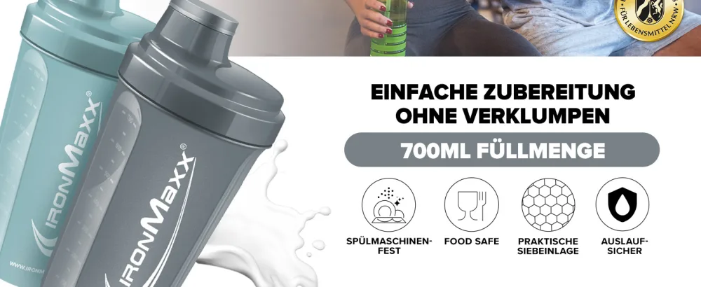 Ironmaxx protein shaker - black 700ml |Protein shaker with rotating clasp sieve & measurement scale |Refrested dishwasher -safe & free of the plasticizer BPA & DEHP - Shaker