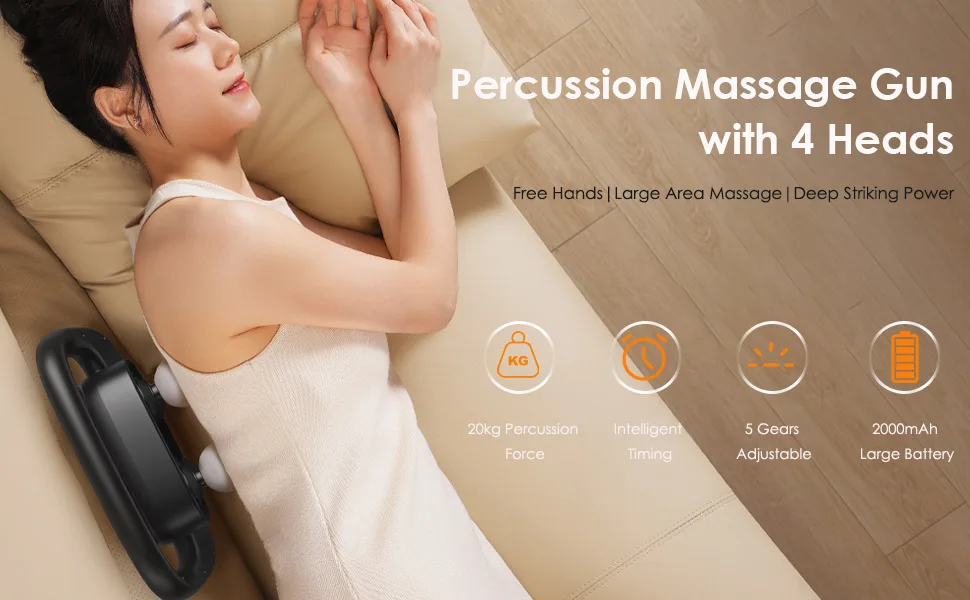 Massage gun hand-held depth tissue back massage percussion massage device with 4 heads 5 corridors adjustable 2 massage modes quiet electrical massage device for back black - Percussion Massage Gun with 4 Heads