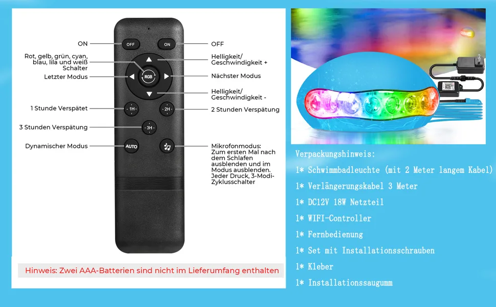 WiFi Intelligence RGB+IC 15W LED POOL LITTIES UNDING LIMITS MUSIC MODUS TIMING Function works with Google Home Assistant/Alexa DC5V IP68 Pool lighting with 5m cable Blue - LED Pool Lichter
