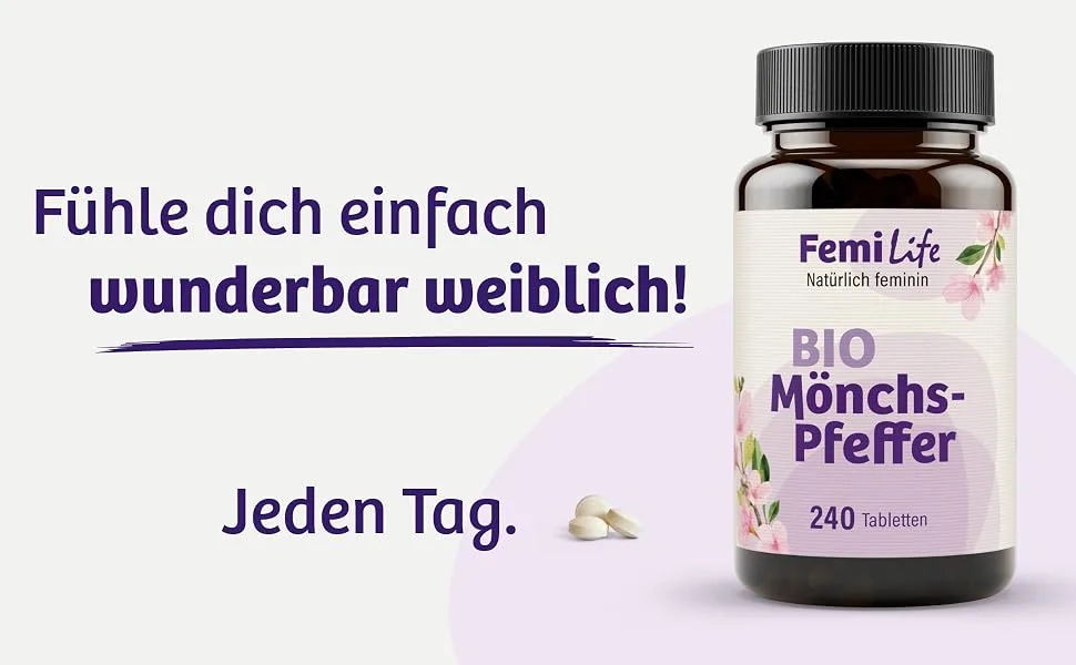 Femilife Bio Mnchspfeffer - 4: 1 extract from Agnus Castus (10mg per tablet) - 240 tablets - Small & easy to swallow vegan made in Germany - einfach weiblich, jeden tag