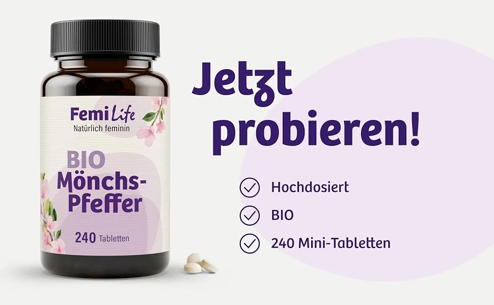 Femilife Bio Mnchspfeffer - 4: 1 extract from Agnus Castus (10mg per tablet) - 240 tablets - Small & easy to swallow vegan made in Germany - jetzt probieren