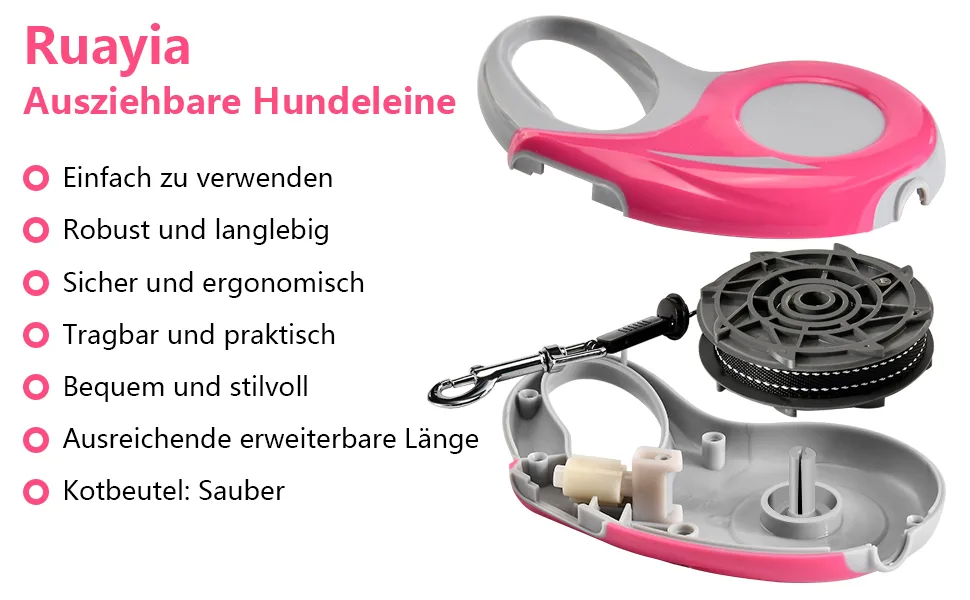 Ruayia New classic pull -out leash for dogs up to 52 kg - ultra -high belt - 360 guide and braking system - 5 m - pink 5m pink - hundeleine flexi