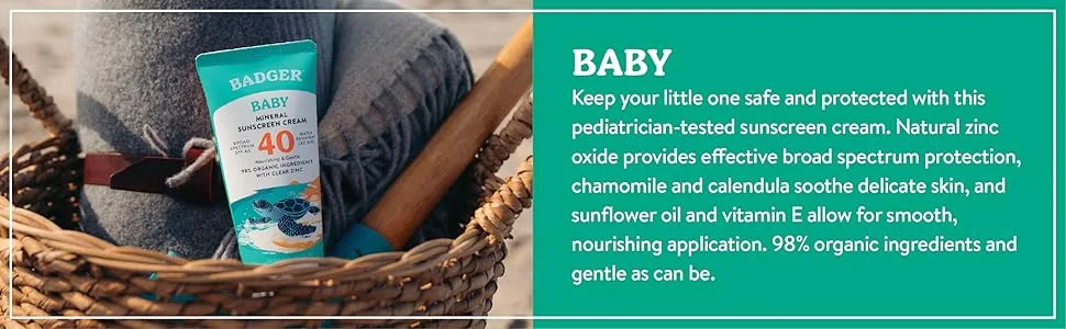 Badger Company Baby Sunscreen Cream SPF 40 Chamomile & Calendula  2.9 fl oz (87 ml) - Baby Sunscreens