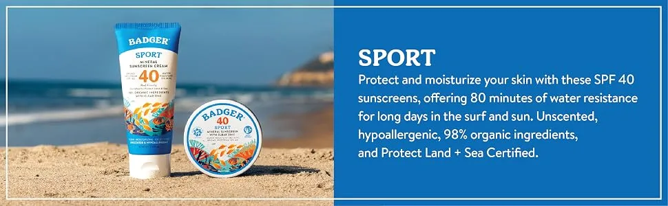 Badger Company Clear Zinc Sunscreen Cream SPF40 Unscented 2.4 oz (68 g) - Sport Sunscreen