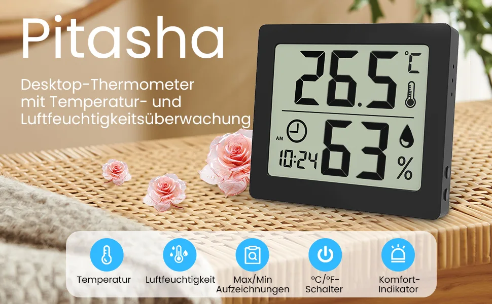 Pitasha Digital Thermo-Hygrometer Raum Thermometer Hygrometer Hygrometer 3.2 inch LCD Display Desktop Thermometer with temperature and moisture display with clock (black) - Thermohygrometer
