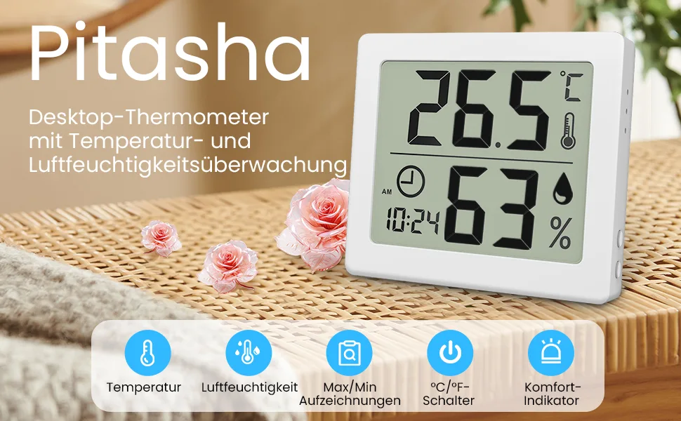 Pitasha Digital Thermo-Hygrometer Raum Thermometer Hygrometer Hygrometer 3.2 inch LCD Display Desktop Thermometer with temperature and moisture display with clock (white) - Thermohygrometer