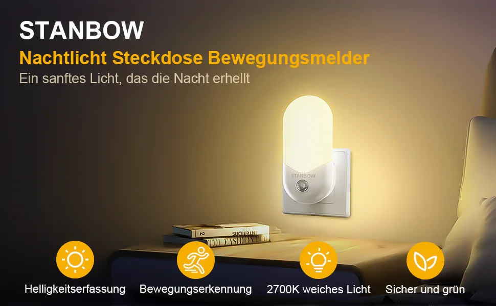 Stanbow 2 night light socket with twilight sensor night light with motion detector LED night lamp children for children's room stairs gear bedroom kitchen bathroom warm white - nachtlicht steckdose