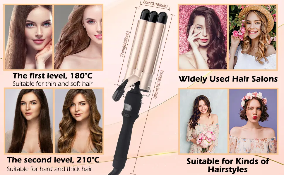 Bizcasa curling iron 3 barrels LCD display curler with adjustable temperature ceramic coating curling rods large waves quick heating wave iron for long/short hair (gold) - B0CTTJ2V4R