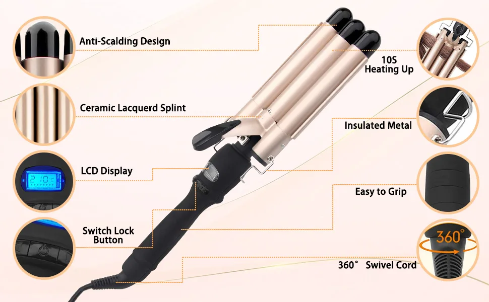 Bizcasa curling iron 3 barrels LCD display curler with adjustable temperature ceramic coating curling rods large waves quick heating wave iron for long/short hair (gold) - B0CTTJ2V4R