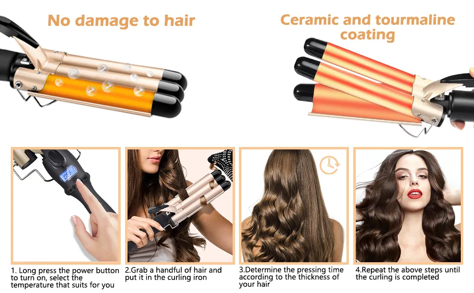 Bizcasa curling iron 3 barrels LCD display curler with adjustable temperature ceramic coating curling rods large waves quick heating wave iron for long/short hair (gold) - B0CTTJ2V4R
