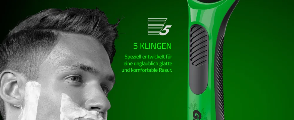 Gillette Labs Razer Limited Edition razor blades 4 replacement blades for Gillette Labs wet razing men with cleaning element and Heated Razor 4 sound - Mann rasiert die rechte Wange mit dem 5-Klingen-Rasierkopf für eine gründliche Rasur und Komfort.