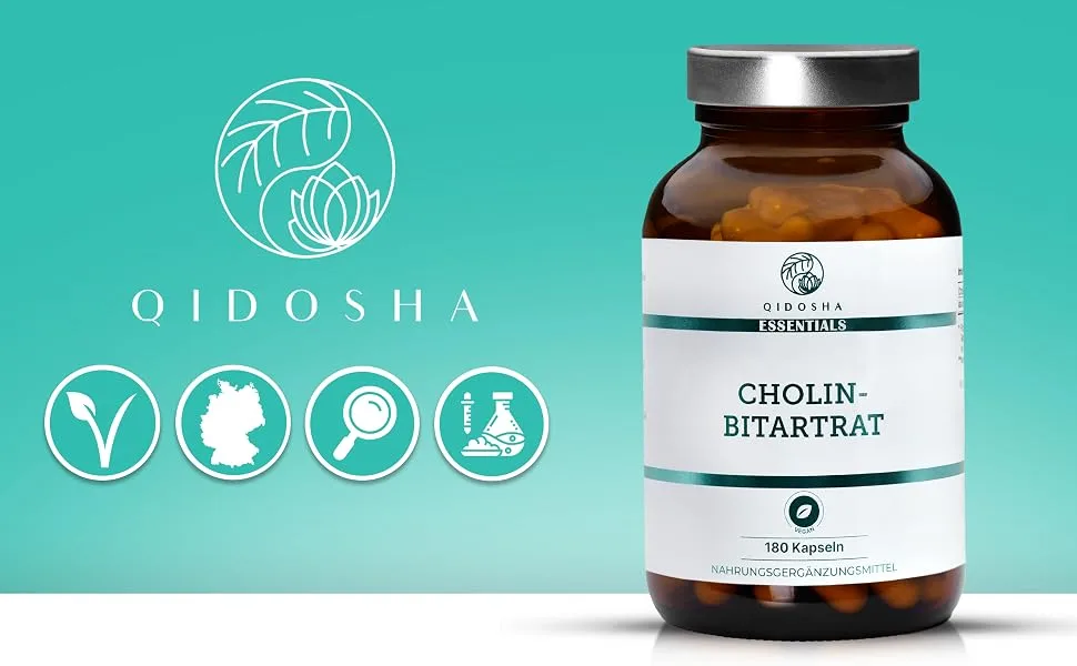 QIDOSHA Cholin Bitartrate capsules highly dose 180 capsules in pharmacists full 630mg choline bitartrate per capsule vegan laboratory test German production - Cholin Bitartrat Kapseln