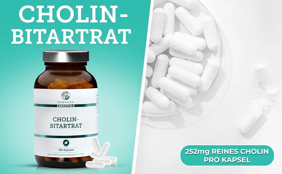 QIDOSHA Cholin Bitartrate capsules highly dose 180 capsules in pharmacists full 630mg choline bitartrate per capsule vegan laboratory test German production - Cholin Bitartrat Kapseln