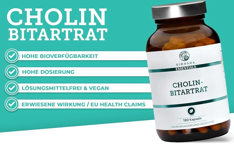QIDOSHA Cholin Bitartrate capsules highly dose 180 capsules in pharmacists full 630mg choline bitartrate per capsule vegan laboratory test German production - Cholin Bitartrat Kapseln