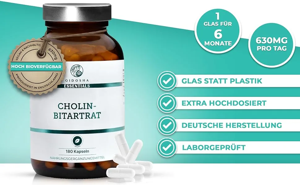 QIDOSHA Cholin Bitartrate capsules highly dose 180 capsules in pharmacists full 630mg choline bitartrate per capsule vegan laboratory test German production - Cholin Bitartrat Kapseln