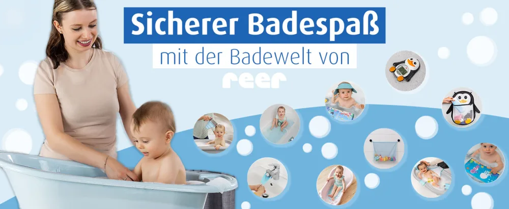 Reer MyHappyBath Cap Shampoo Protection protects your child from tears when washing hair continuously adjustable blue 40-55 cm head circumference - Badewelt Banner
