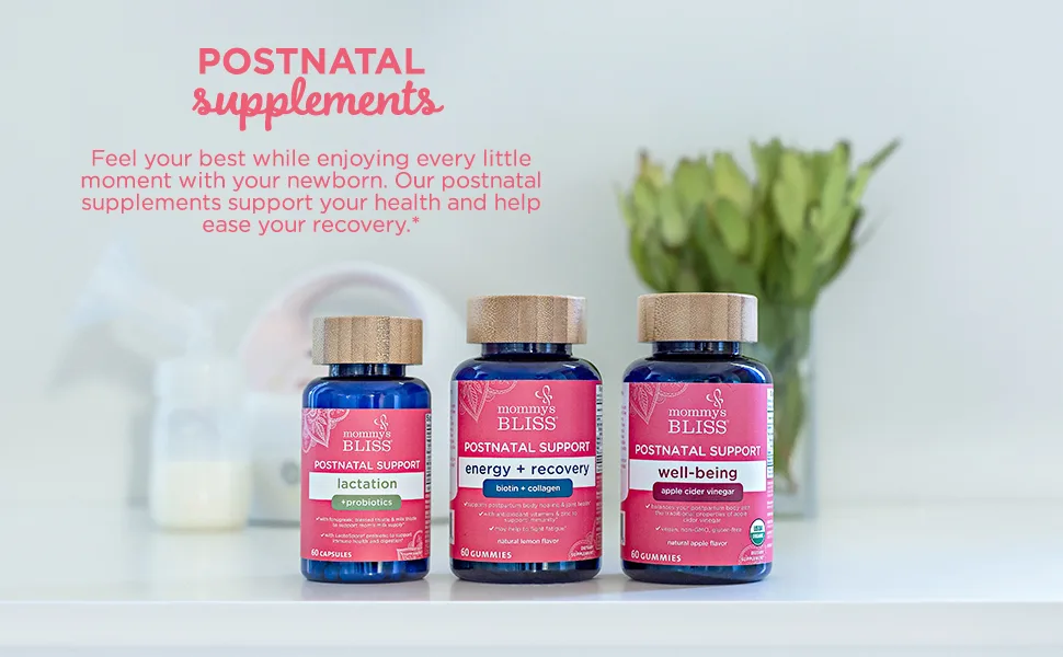 Mommy's Bliss Postnatal Support Energy + Recovery Natural Lemon 60 Gummies - Postnatal Support Gummies with Apple Cider Vinegar, Vegan, Organic, Non-GMO, Gluten-Free, vitamins