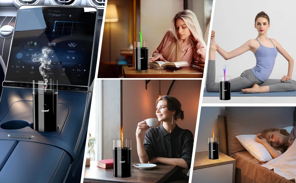 Aroma diffuser wireless ultrasound fragrance oil diffuse with flames effect 3D canter shape fragrance diffuser with 7 colors LED for home office cars yoga diffuser for essential oils (dark black) - Diffusor für ätherische Öle