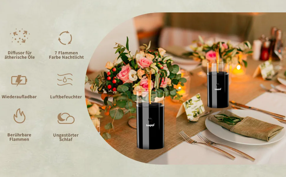 Aroma diffuser wireless ultrasound fragrance oil diffuse with flames effect 3D canter shape fragrance diffuser with 7 colors LED for home office cars yoga diffuser for essential oils (dark black) - Duftöl Diffuser