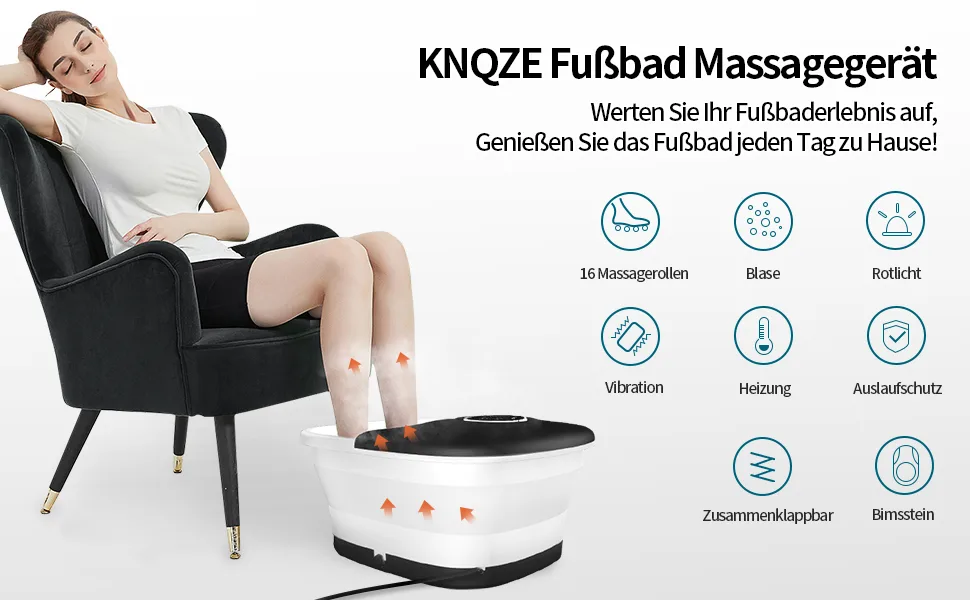 Foot bubble bath with massage and heating function |Foldable foot massager |Remote control |Heat function |Foot reflex zones massage |Timer |Foot bath with 16 Shiatsu rolls (black) - Fußbad